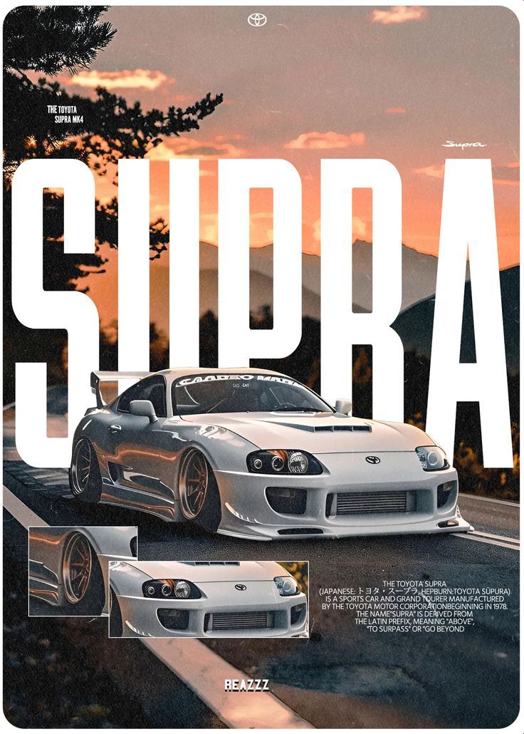 Toyota Supra car on a scenic background with 'Supra' text overlay