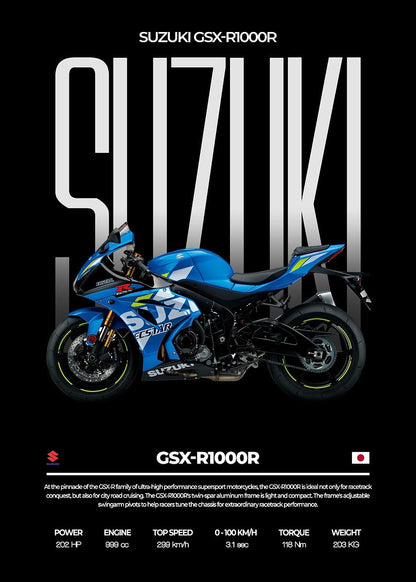 Suzuki GSX-R1000R motorcycle with branding and specifications on a black background