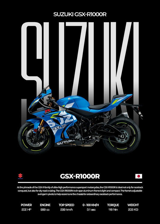 Suzuki GSX-R1000R motorcycle with branding and specifications on a black background