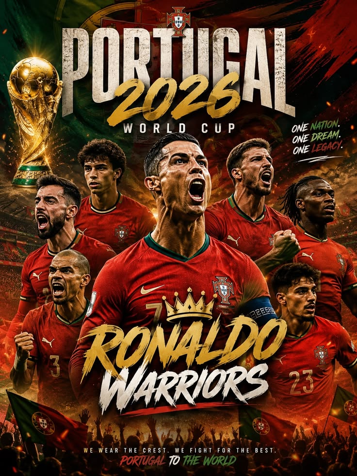 Portuguese football team with Ronaldo, celebrating a World Cup victory in 2026.