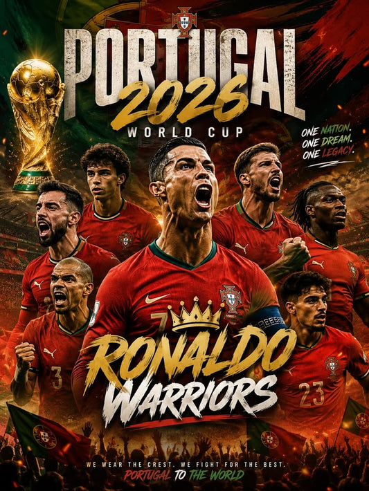 Portuguese football team with Ronaldo, celebrating a World Cup victory in 2026.