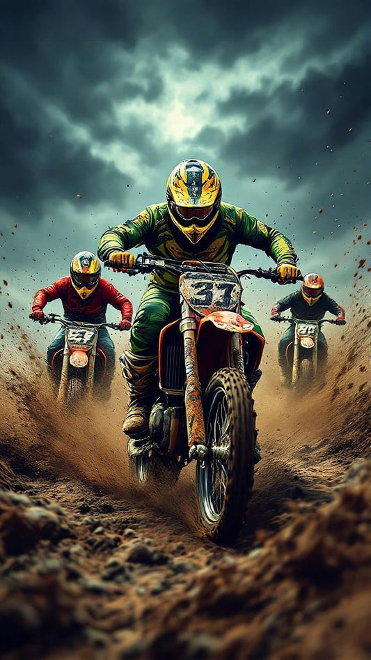 Three dirt bike riders racing on a muddy track with a dramatic sky.