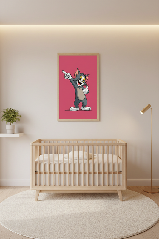 Cartoon cat character pointing with a red background