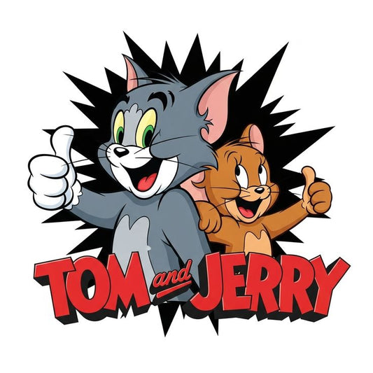 Cartoon characters Tom and Jerry giving thumbs up with 'Tom and Jerry' text below on a white background
