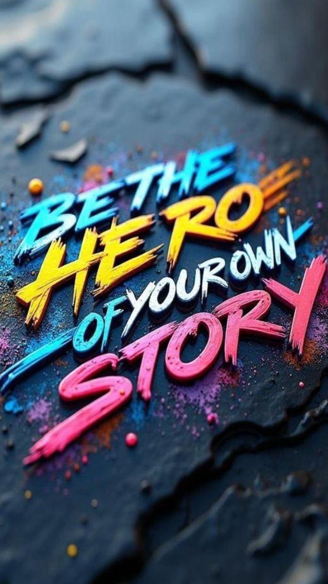 Colorful text 'Be the hero of your own story' on a dark textured background