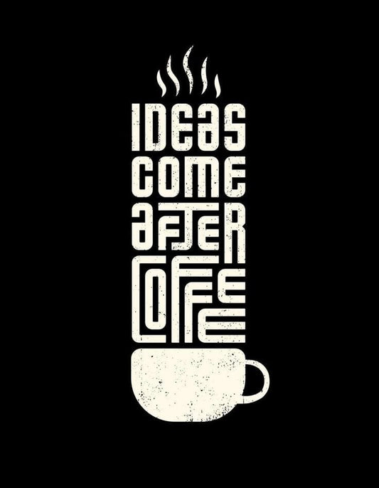 White text 'IDEAS COME AFTER COFFEE' with a coffee cup on a black background