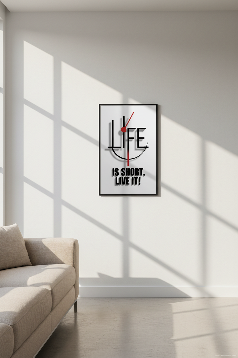 Clock design with 'LIFE IS SHORT. LIVE IT!' text on a white background
