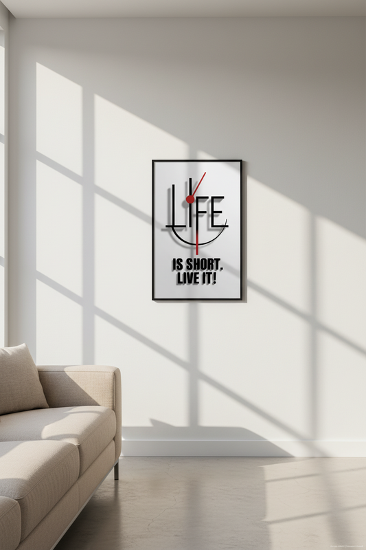 Clock design with 'LIFE IS SHORT. LIVE IT!' text on a white background