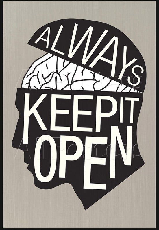 Black silhouette of a head with 'Always Keep It Open' text on a beige background