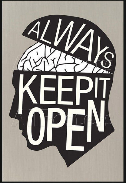 Black silhouette of a head with 'Always Keep It Open' text on a beige background