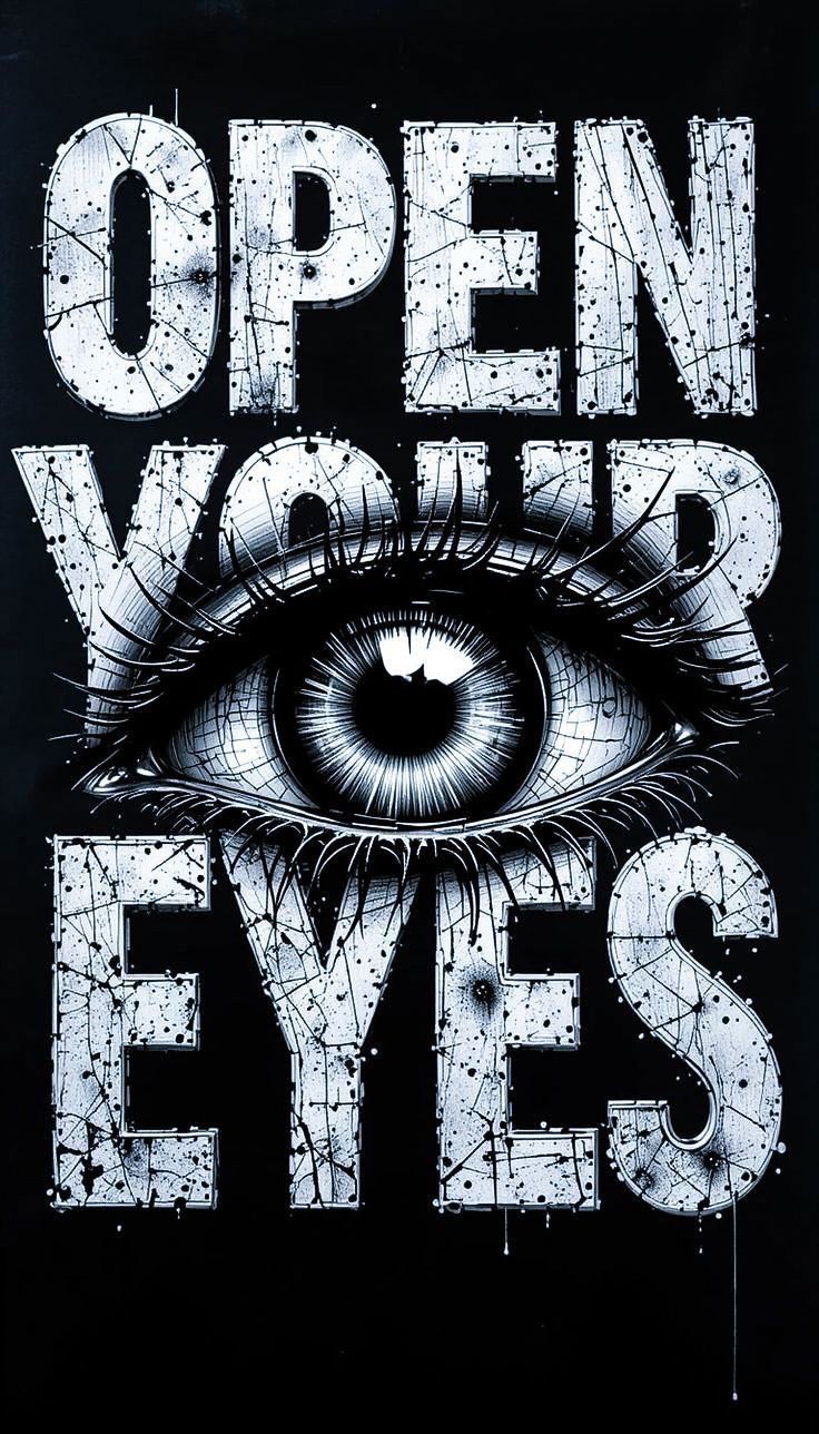 Eye illustration with 'Open Your Eyes' text on a black background