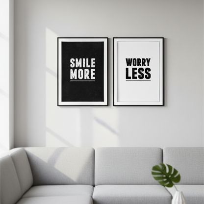 Typography - Smile More, Worry Less - Pack of 2 framed wall art