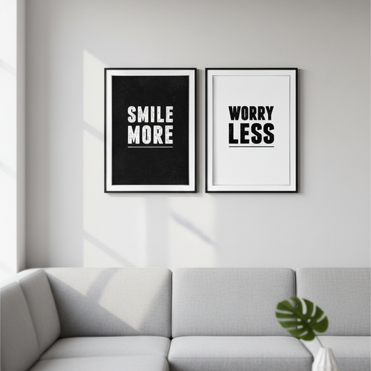 Typography - Smile More, Worry Less - Pack of 2 framed wall art