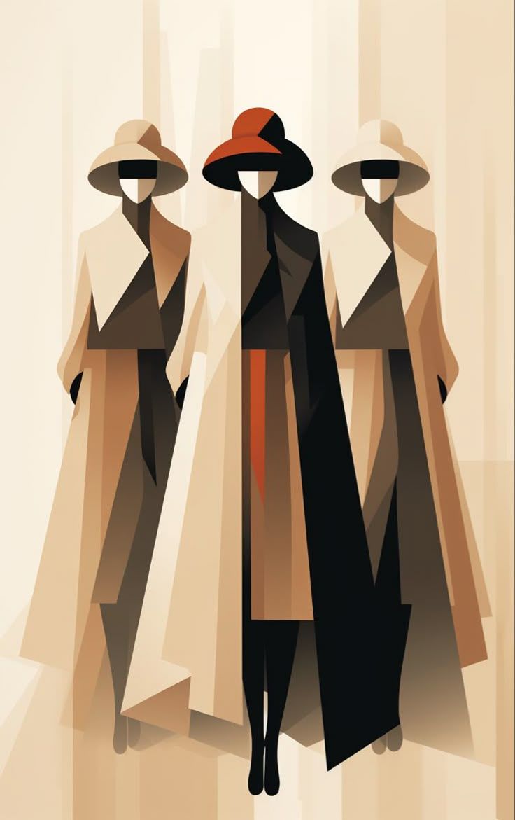 Three figures wearing long coats and hats against a plain background