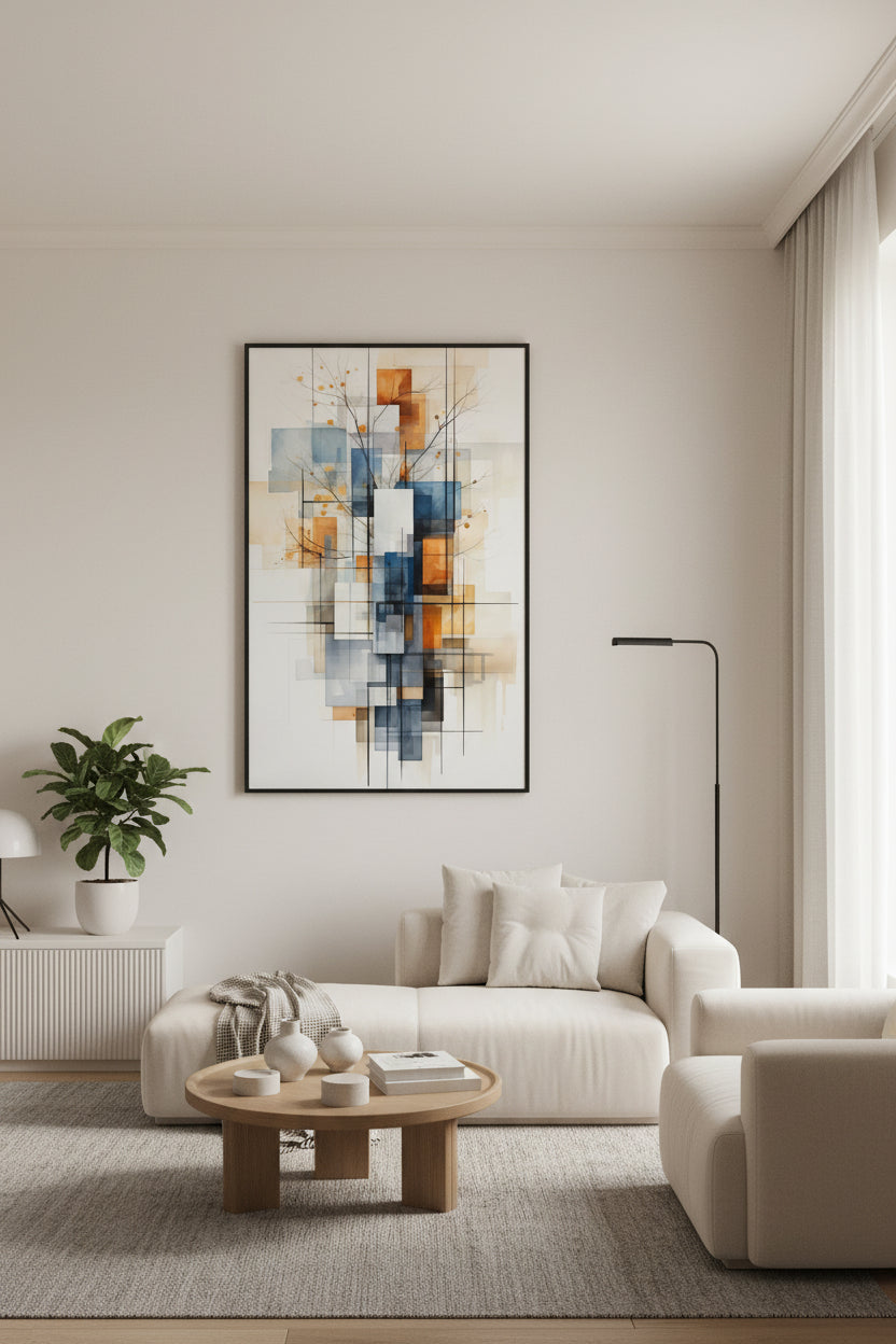 Abstract art piece with geometric shapes and branches on a light background