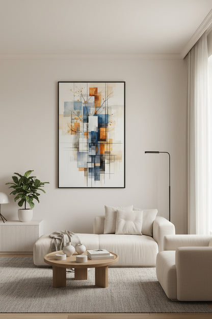 Abstract art piece with geometric shapes and branches on a light background