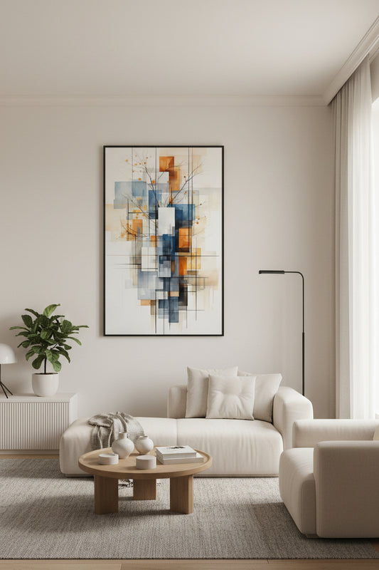 Abstract art piece with geometric shapes and branches on a light background