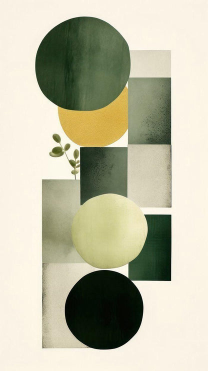 Geometric abstract design with circles and squares in green, yellow, and black on a beige background.