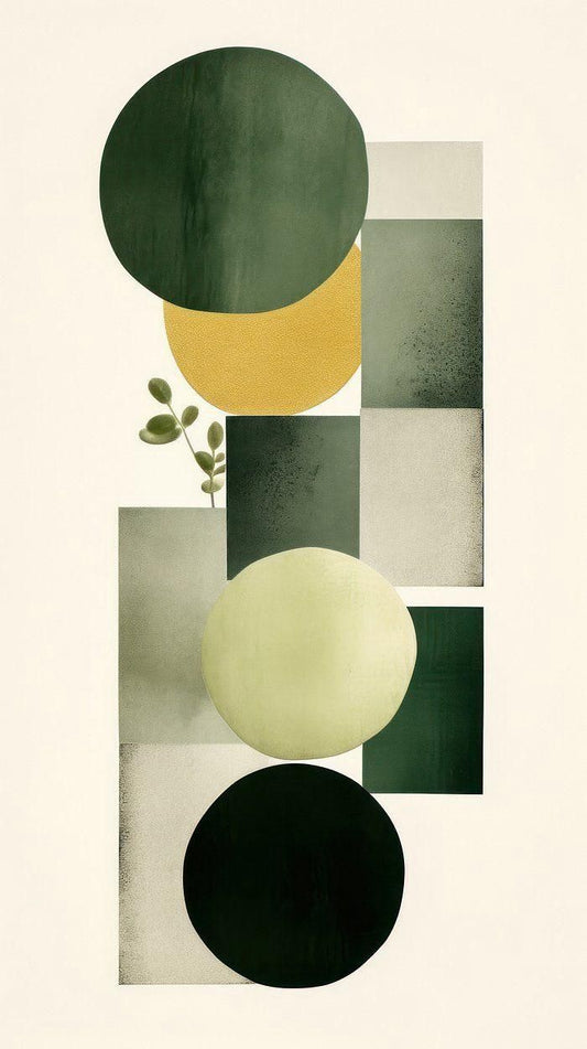 Geometric abstract design with circles and squares in green, yellow, and black on a beige background.