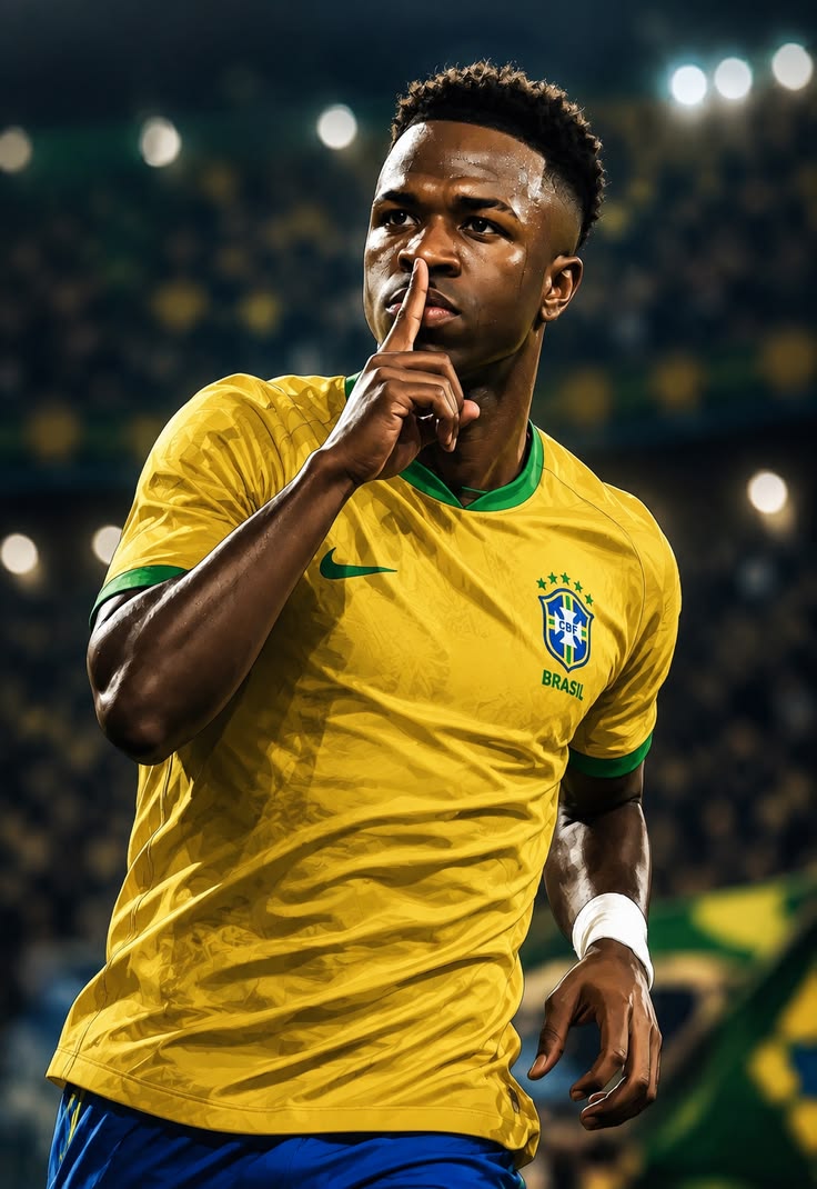 Soccer player in a yellow Brazil jersey with a blurred stadium background