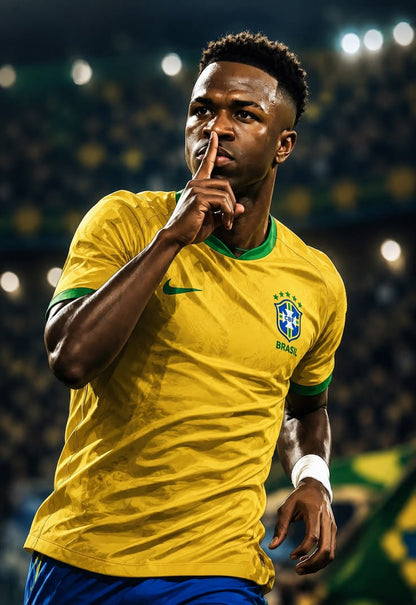Soccer player in a yellow Brazil jersey with a blurred stadium background