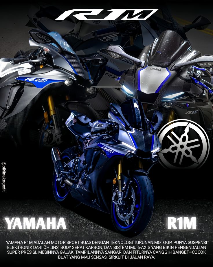Yamaha R1M motorcycle on a dark background with branding and model name displayed.