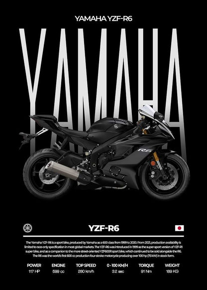 Yamaha YZF-R6 motorcycle on a black background with Yamaha branding.