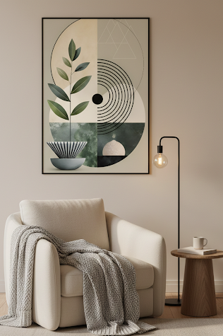 Modern living room with a beige armchair, abstract art on the wall, and a side table with a lamp.