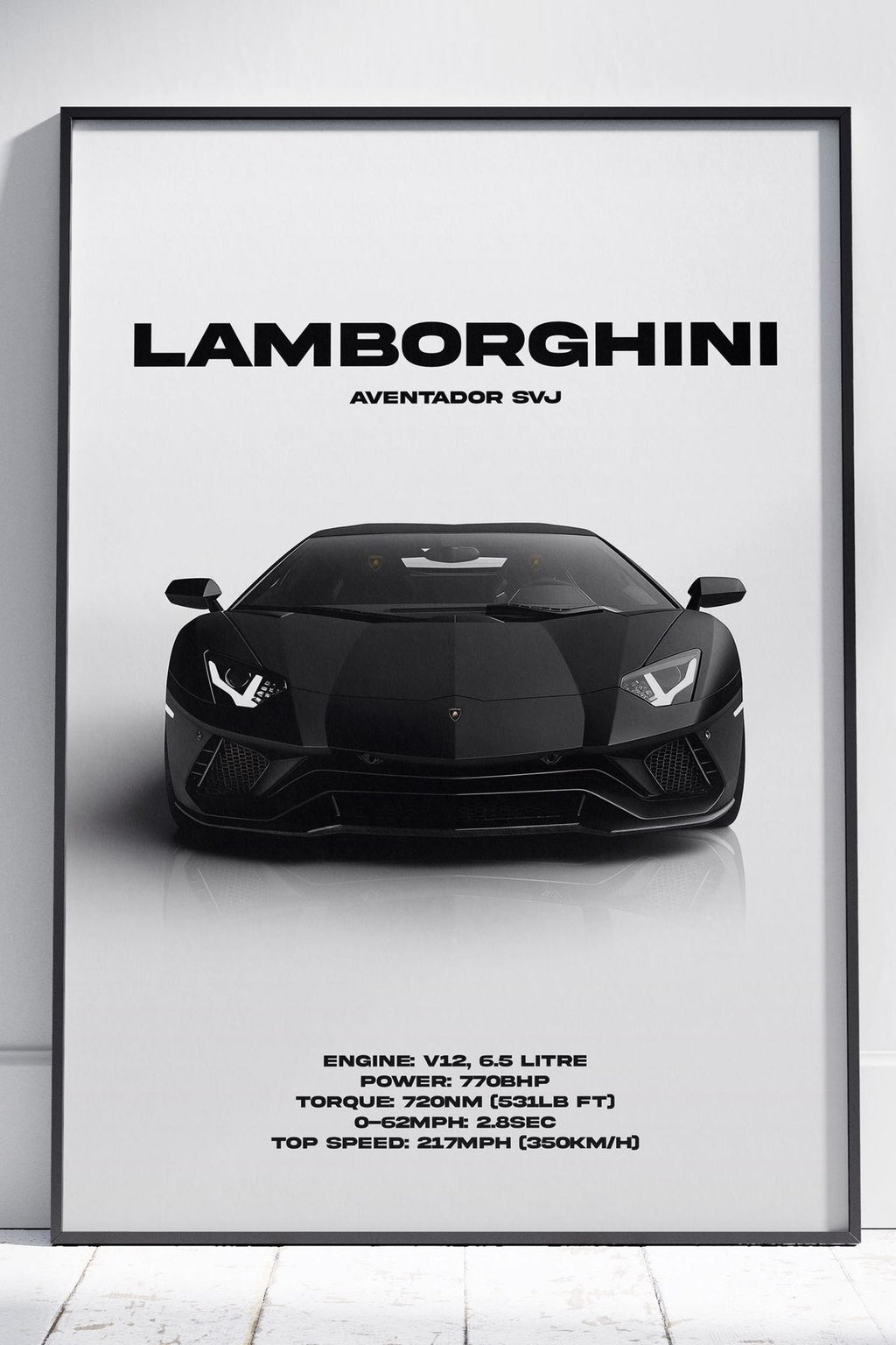 Framed poster of a black Lamborghini Aventador SVJ on a white background