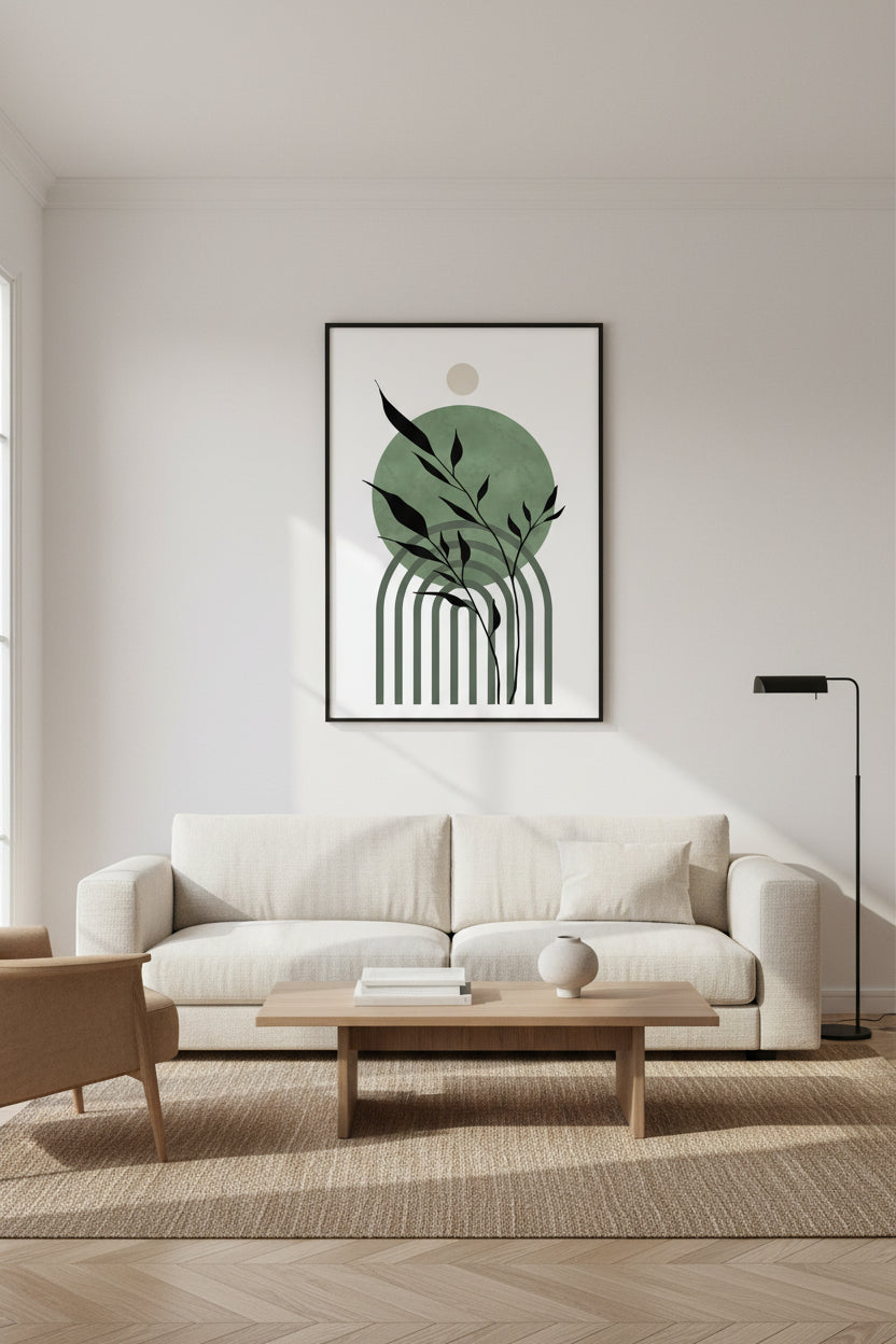 Abstract design with black leaves and green circles on a white background