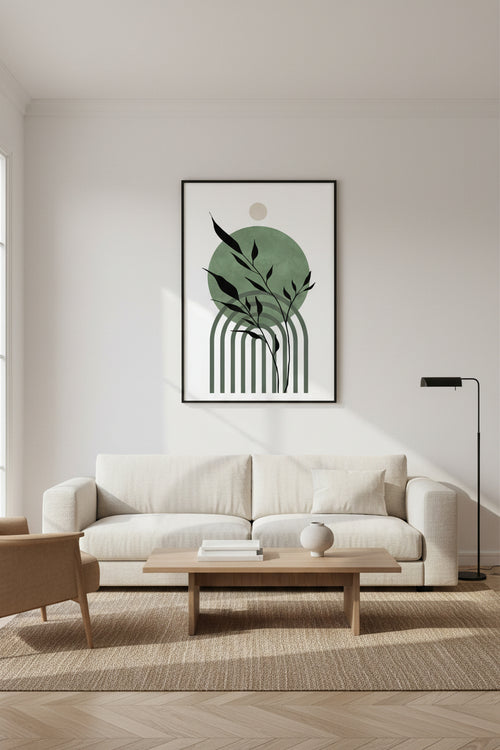 Abstract design with black leaves and green circles on a white background