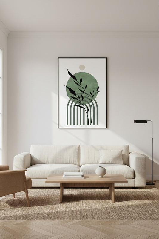 Abstract design with black leaves and green circles on a white background