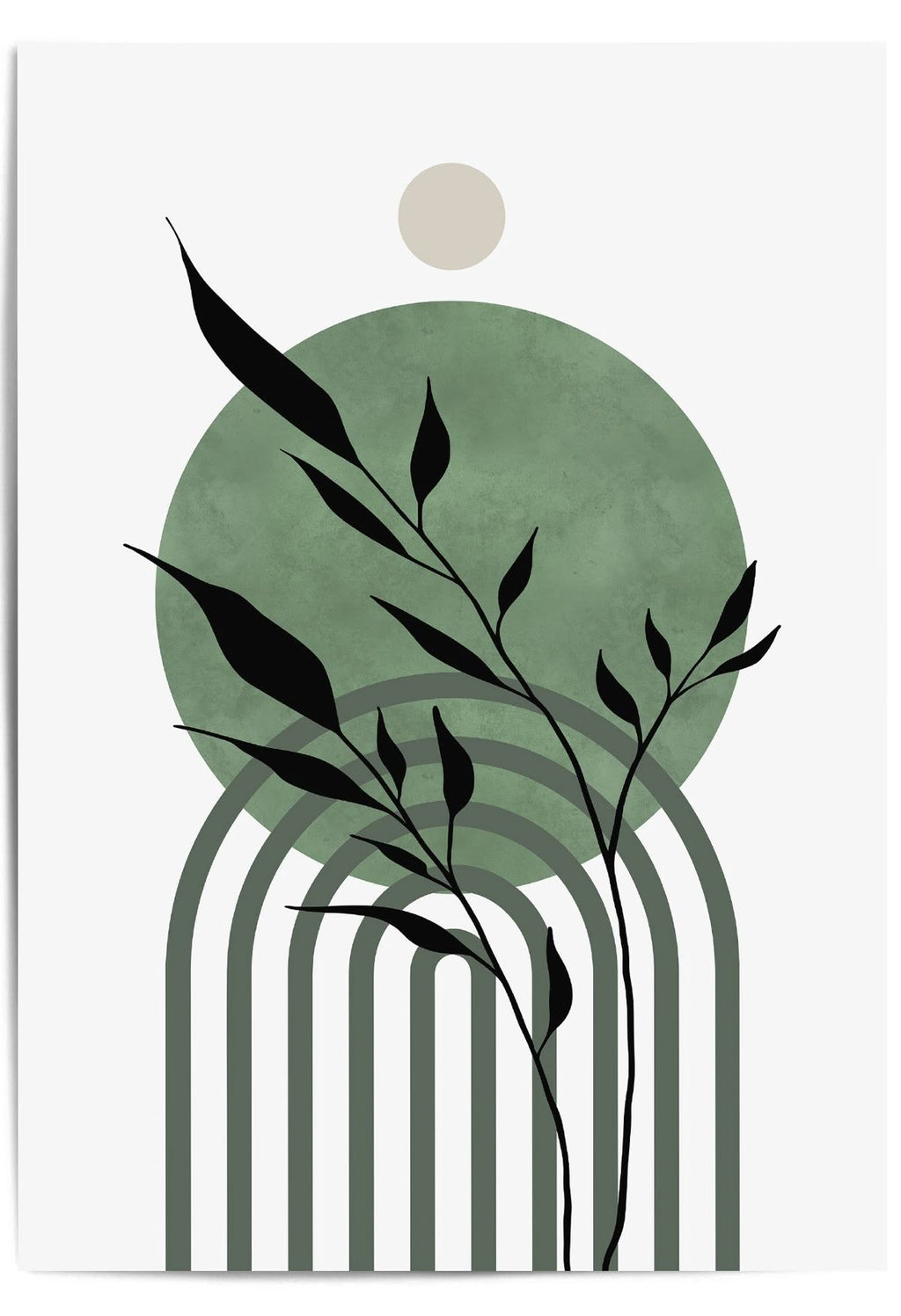 Abstract design with black leaves and green circles on a white background