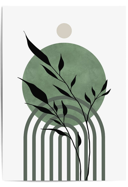 Abstract design with black leaves and green circles on a white background