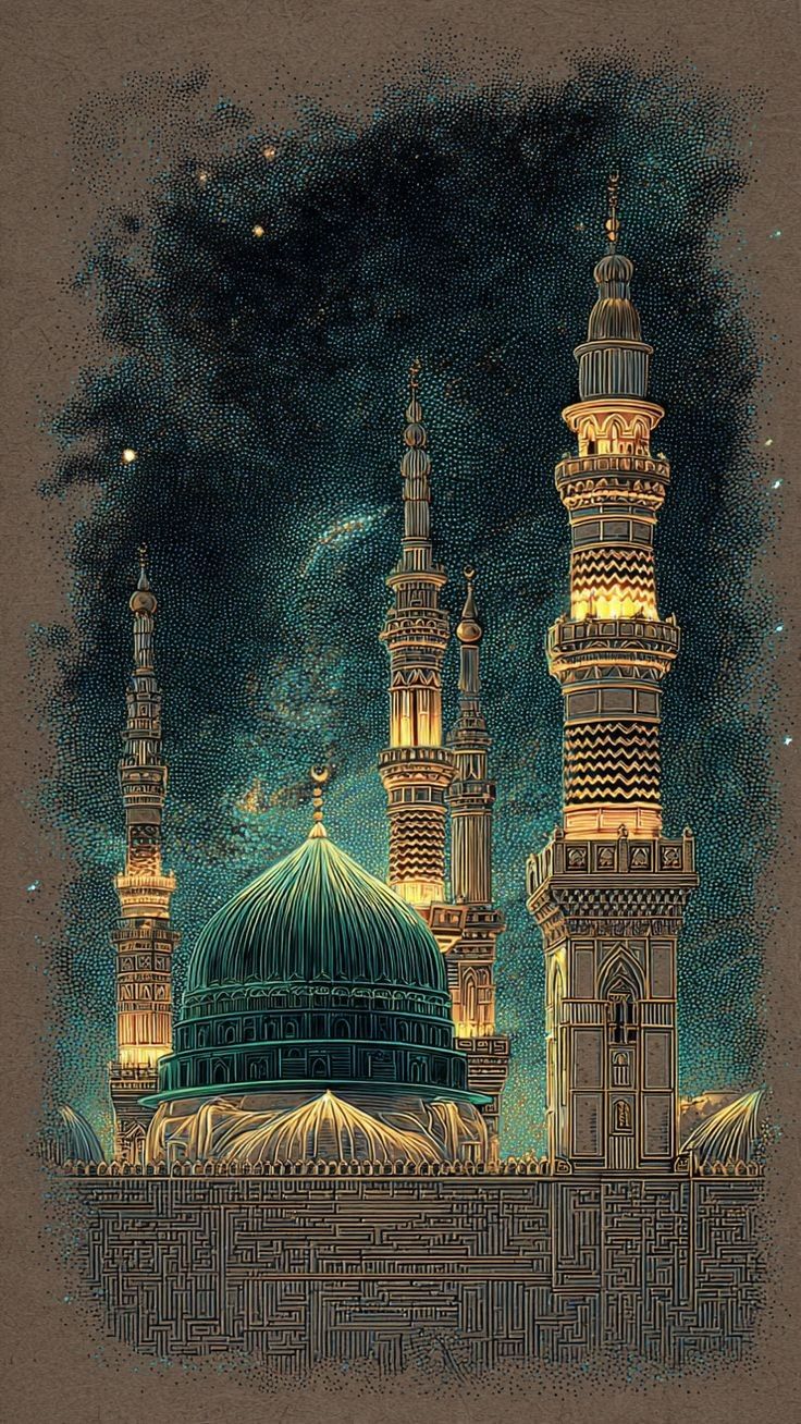 Illustration of a mosque with minarets under a starry night sky