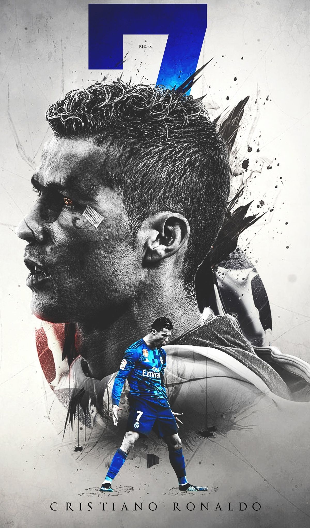 Soccer player in blue jersey with number 7, surrounded by abstract elements and text.