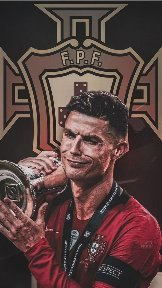 Person in a red sports jersey holding a trophy with a prominent logo in the background