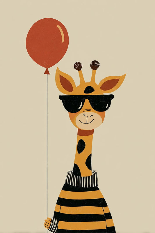Cartoon giraffe wearing sunglasses and a striped sweater, holding a red balloon on a beige background.