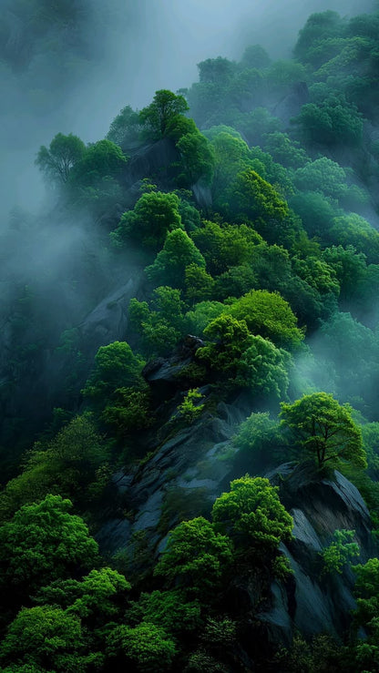 Misty Green Forested Mountains framed wall art print — Casa Blend