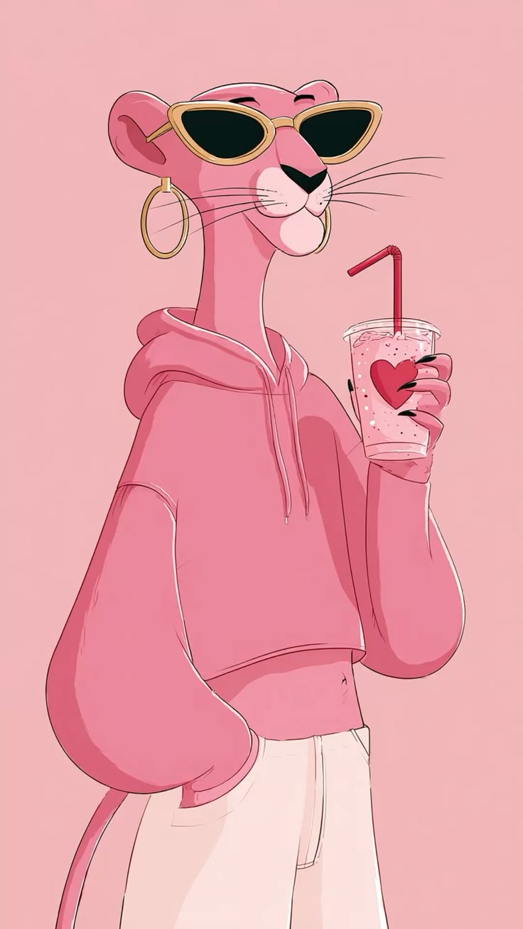 Cartoon pink panther character wearing sunglasses and a pink hoodie, holding a drink with a straw on a pink background.