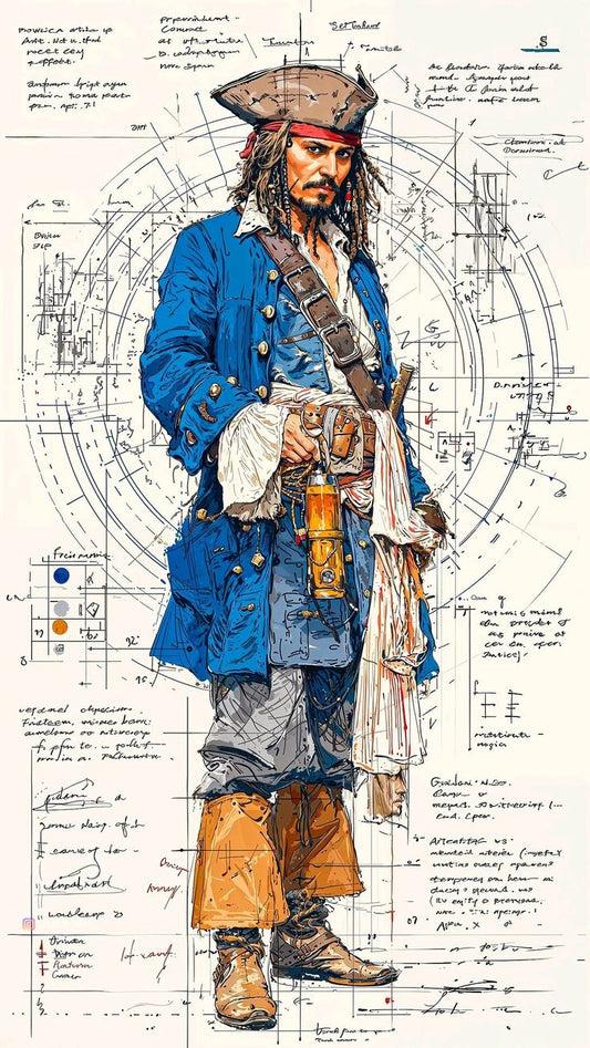 Illustration of a pirate character with detailed drawings and text on a white background
