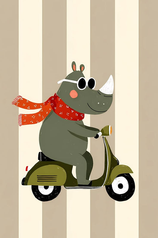 Illustration of a rhino riding a scooter with a red scarf on a striped background