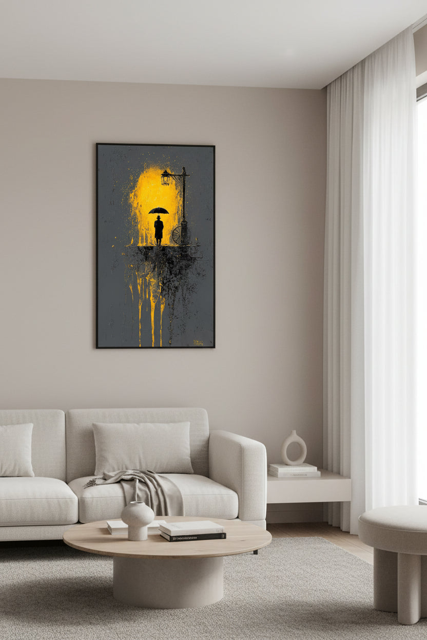 Artistic depiction of a silhouette under a streetlight with yellow light on a dark background